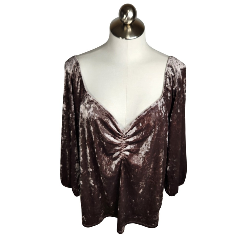 Lane Bryant Crushed Velvet Top 18/20 Sweetheart Neckline Ruched Taupe 3/4 Sleeve